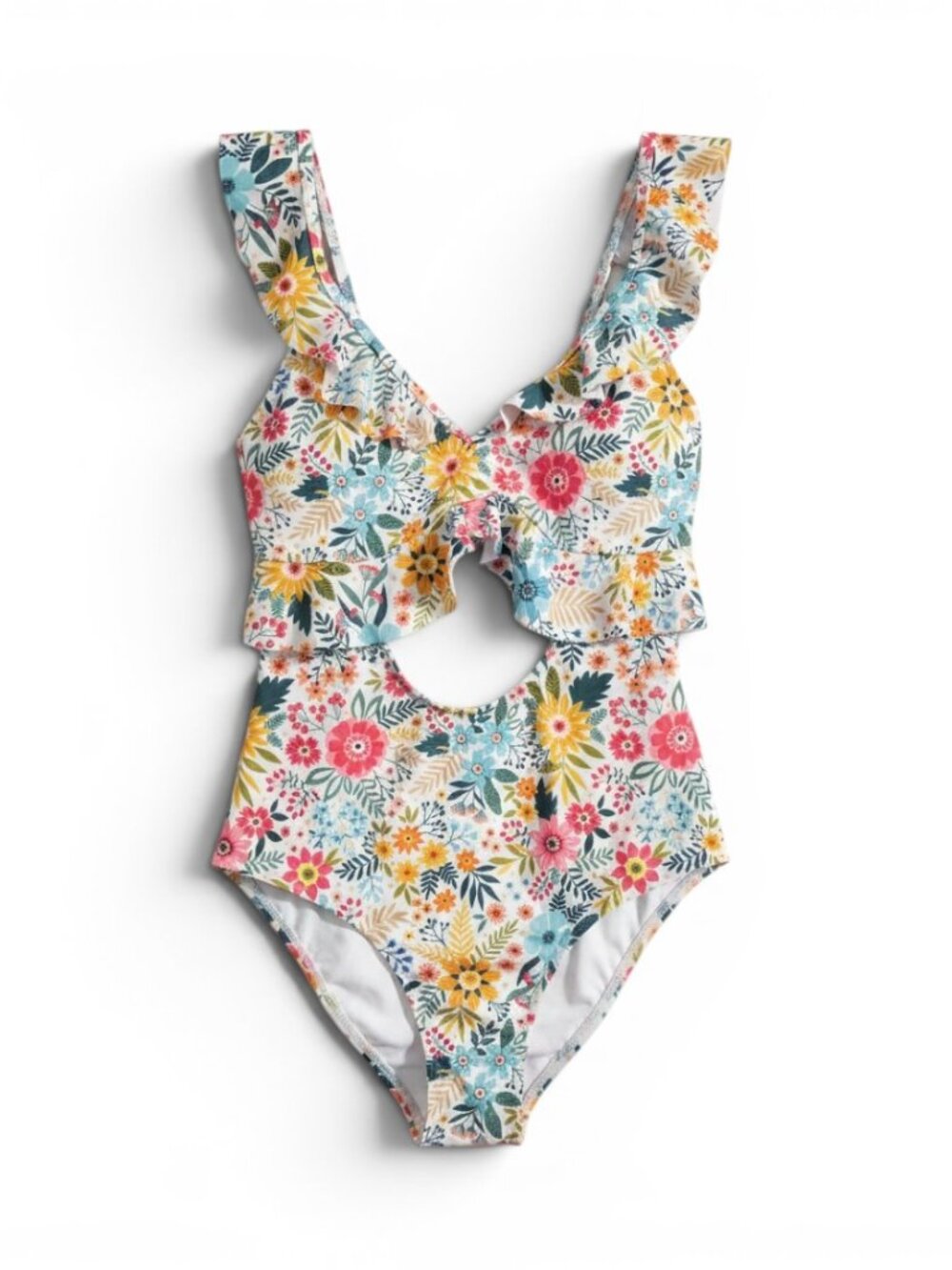 Floral Ruffle Cutout One-Piece Swimsuit - Multicolor